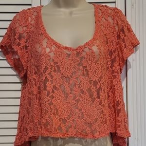 Y2K American Rag cie Sunkist Coral Hi lo Lace Crop Top
